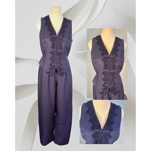 Vintage 90s CDC Petites Caren Desiree Blue Goth Lace Vest Jumpsuit Size 6
